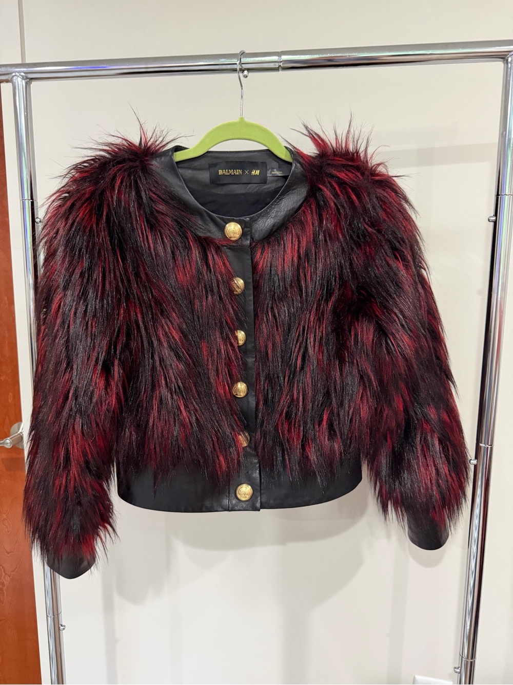 RARE Balmain × H&M Faux Fur Jacket gold buttons red black size 6